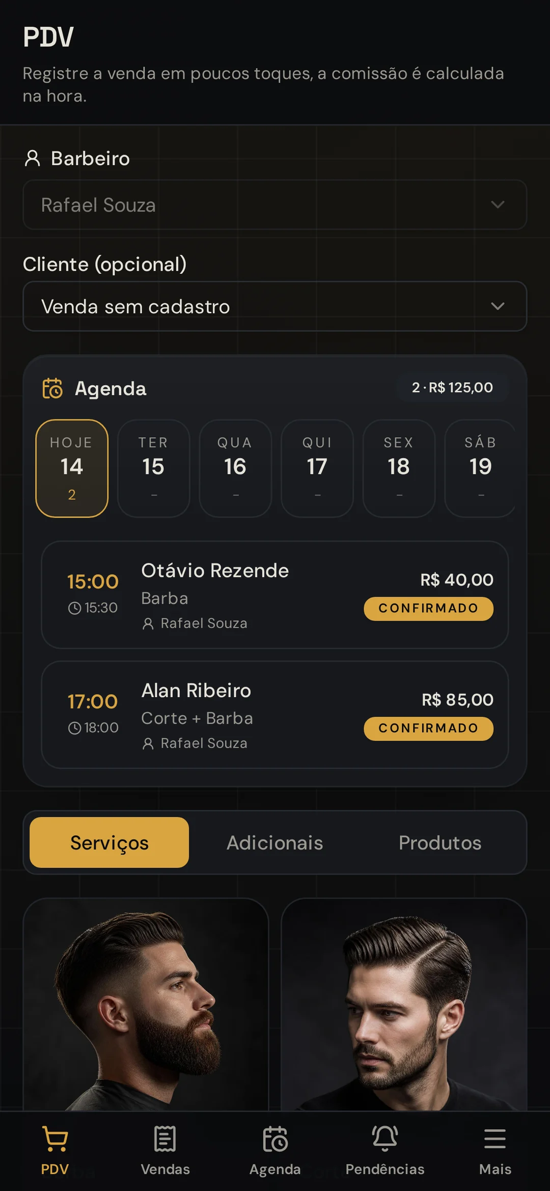 PDV do CutSync no celular do barbeiro com agenda do dia e catálogo de serviços