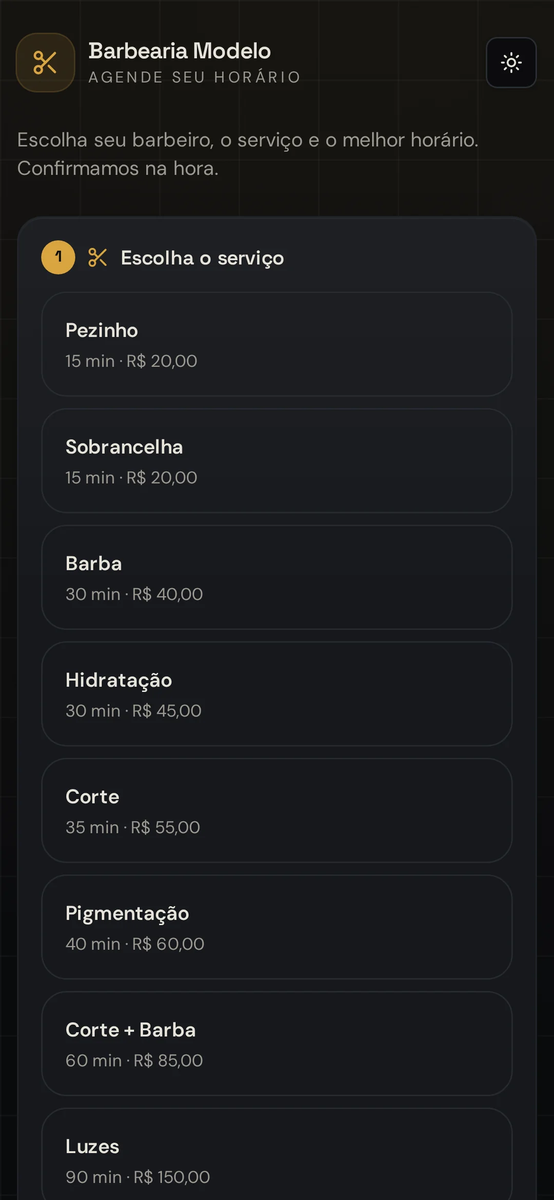 Tela de agendamento online do CutSync com serviços e horários disponíveis
