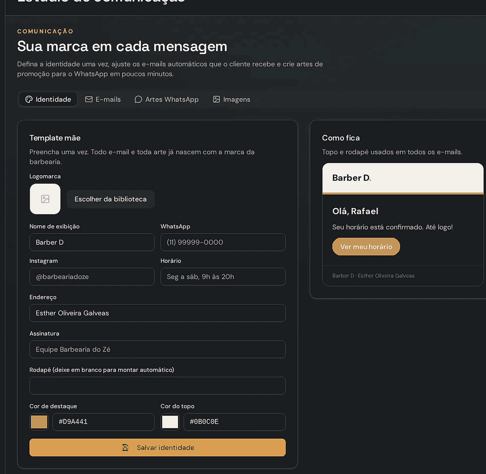 Estúdio de Comunicação do CutSync com identidade da barbearia, e-mails, artes de WhatsApp e imagens